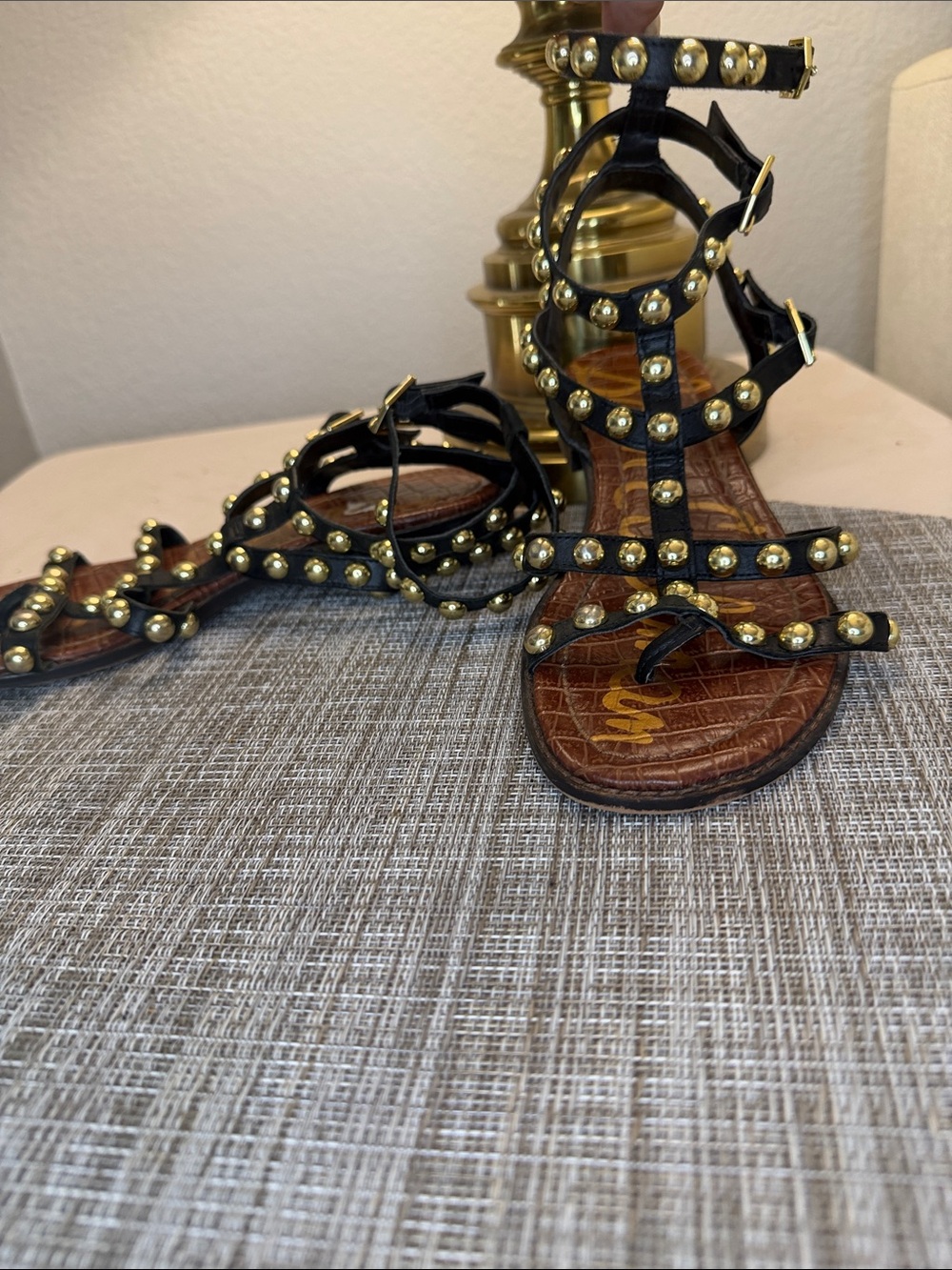 Sam Edelman Black Gladiator Sandals with Gold Studs